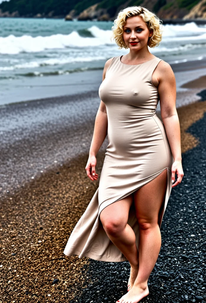 The image shows a woman in a beige dress standing on a beach, with the sea and mountains in the background. She is wearing a bracelet, adding a touch of elegance to her look.