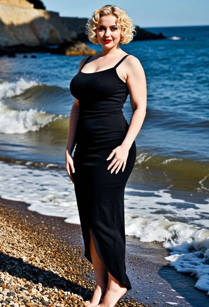 The image shows a woman in a black dress standing on the beach, with the sea in the background, a hill in the distance, and a clear blue sky above.