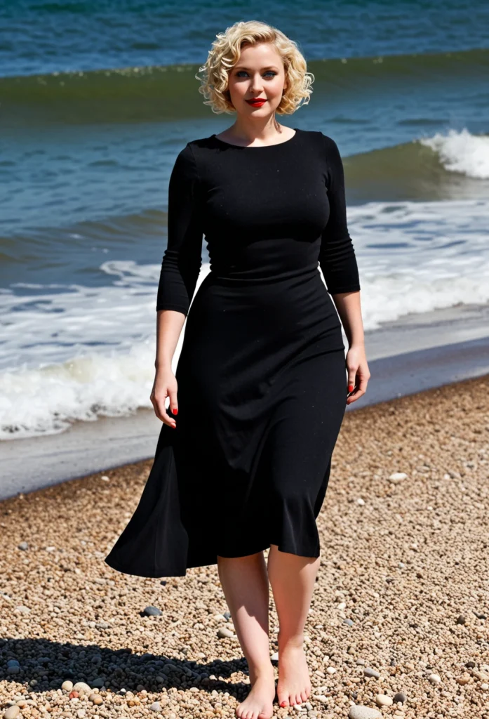 The image shows a woman in a black dress standing on the beach, with the sea in the background. She is wearing a plus size dress, and her hair is styled in a classic 1950s look. The dress is made of a lightweight fabric and has a high neckline, long sleeves, and a midi length skirt. The woman is standing with her hands on her hips, looking out towards the horizon. The sun is setting in the distance, casting a warm orange glow over the beach and the sea.