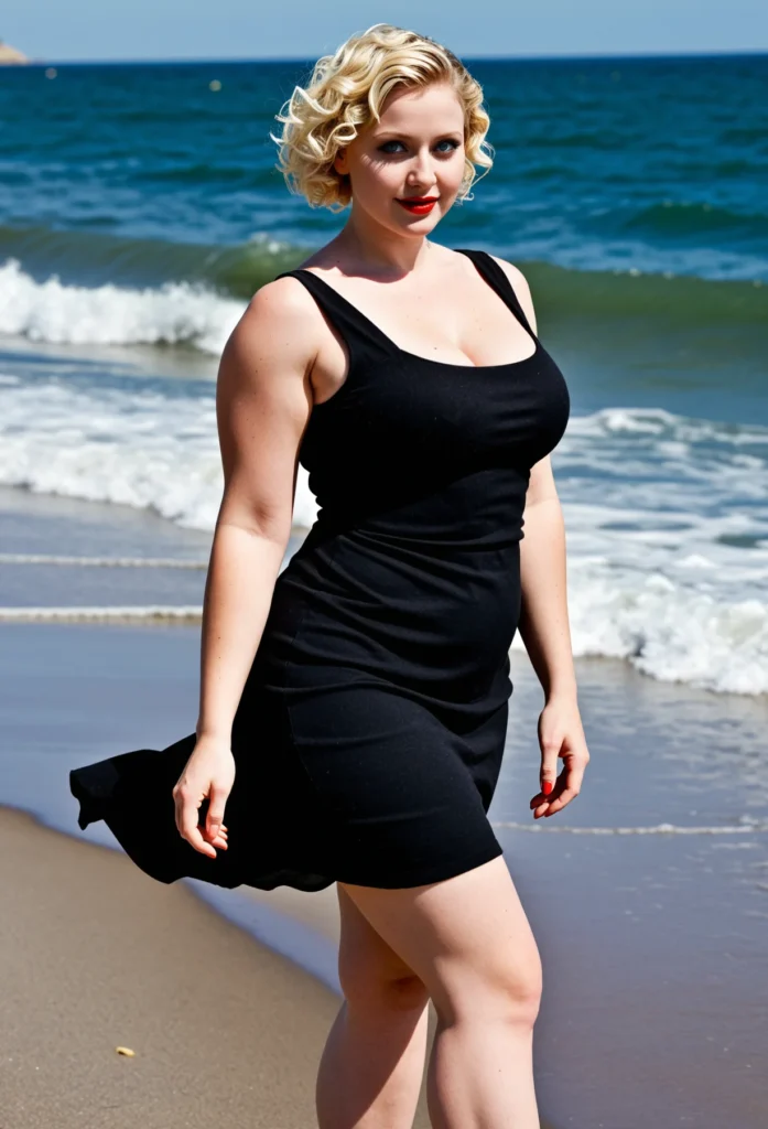 The image shows a woman in a black dress standing on the beach, with the sea and sky in the background.