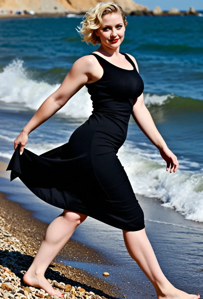 The image shows a woman in a black dress walking on the beach, with the sea in the background, a hill in the distance, and a clear blue sky above.