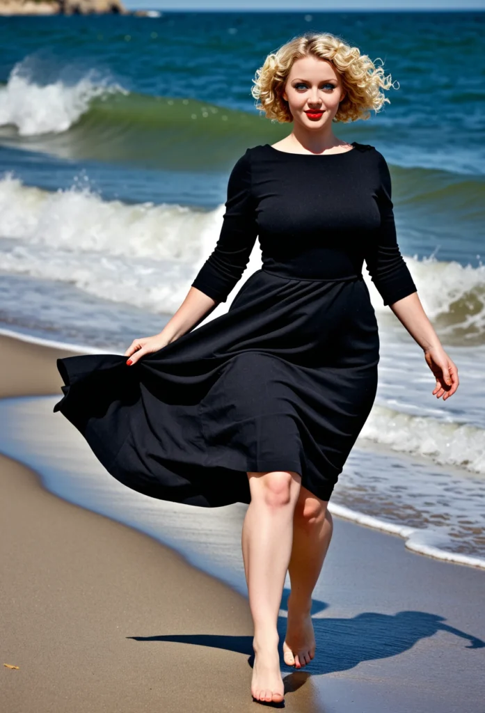 The image shows a woman in a black dress walking on the beach, with the sea and sky in the background.