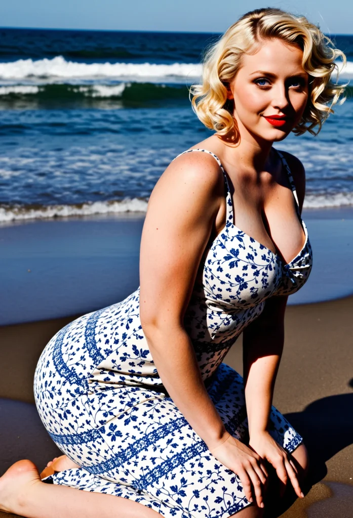 The image shows a woman in a blue and white dress sitting on the beach, with the sea and sky in the background.