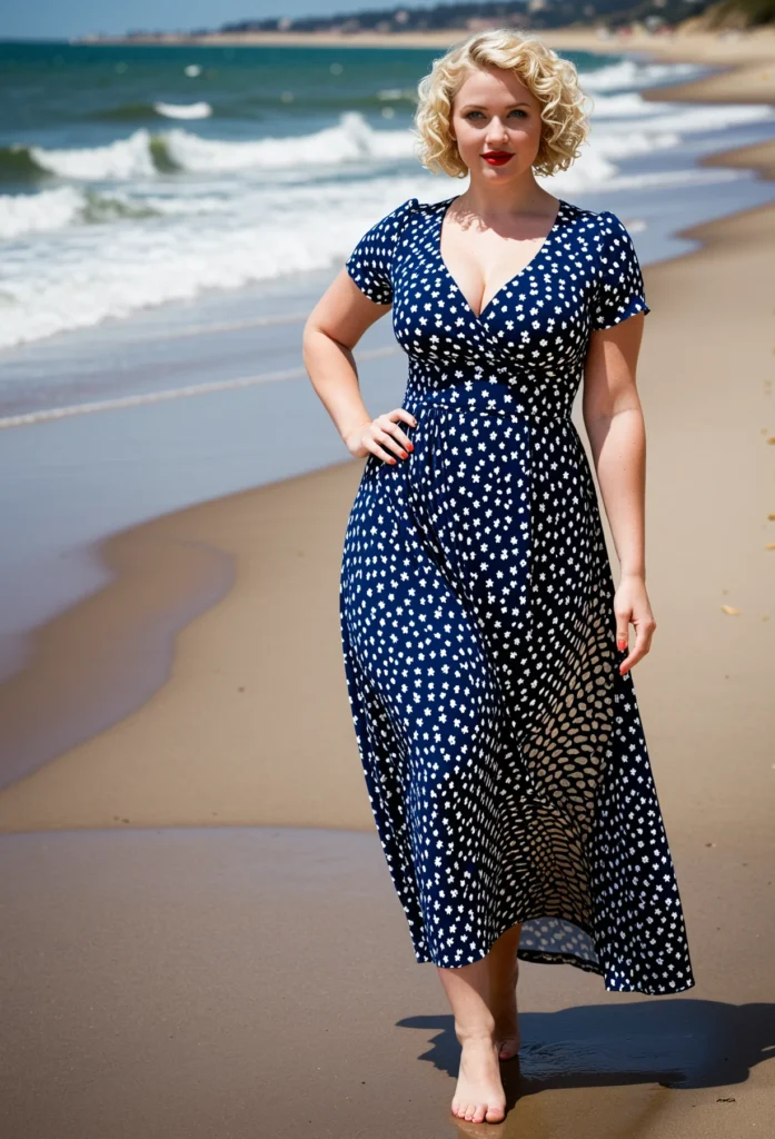 The image shows a woman standing on the seashore, wearing a blue and white polka dot dress. The backdrop of the image is a large body of water, a group of trees, hills, and a cloudy sky.
