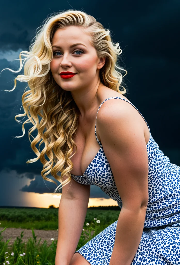 The image shows a woman in a blue and white dress sitting on a bench surrounded by lush green grass and plants with colorful flowers. The sky in the background is filled with white, fluffy clouds.