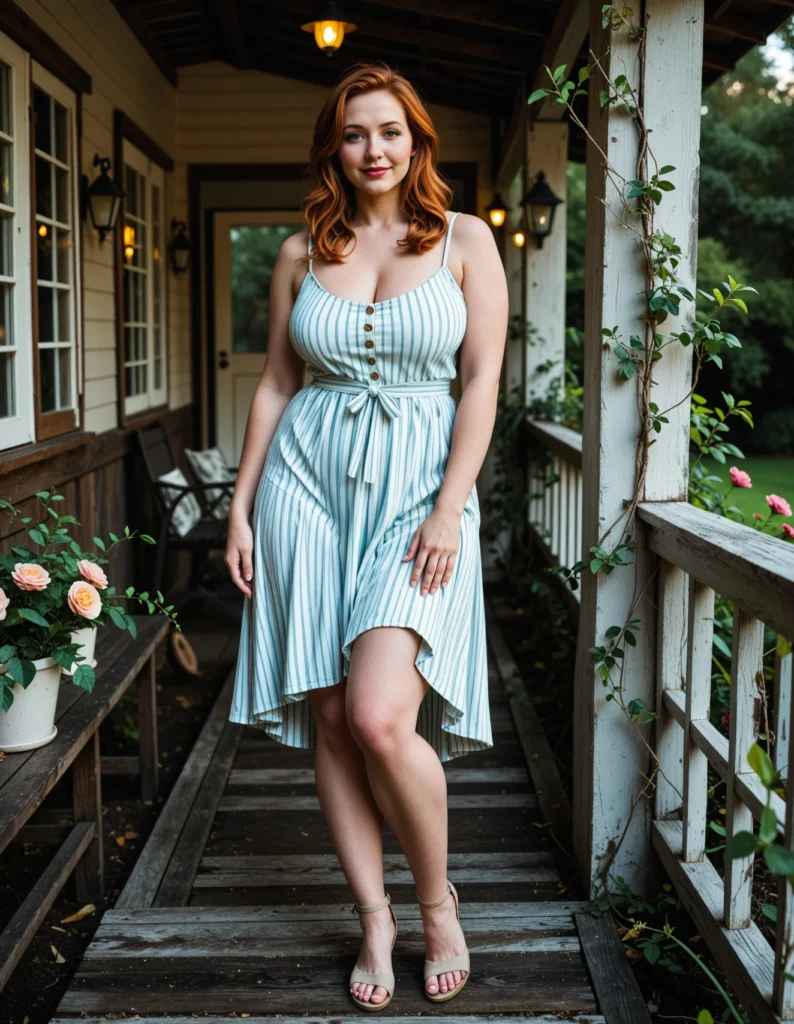 The image shows a woman standing on a porch in a blue and white striped dress. She is surrounded by a wooden bench with a flower pot on it, a wooden fence, some plants with flowers, a group of trees, a door, some lamps on the wall, and a roof with some ceiling lights.