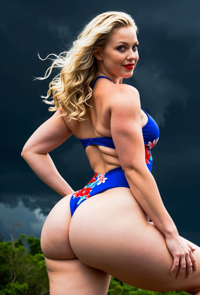 The image shows a woman in a blue bikini posing for a picture in front of a backdrop of trees and a cloudy sky.