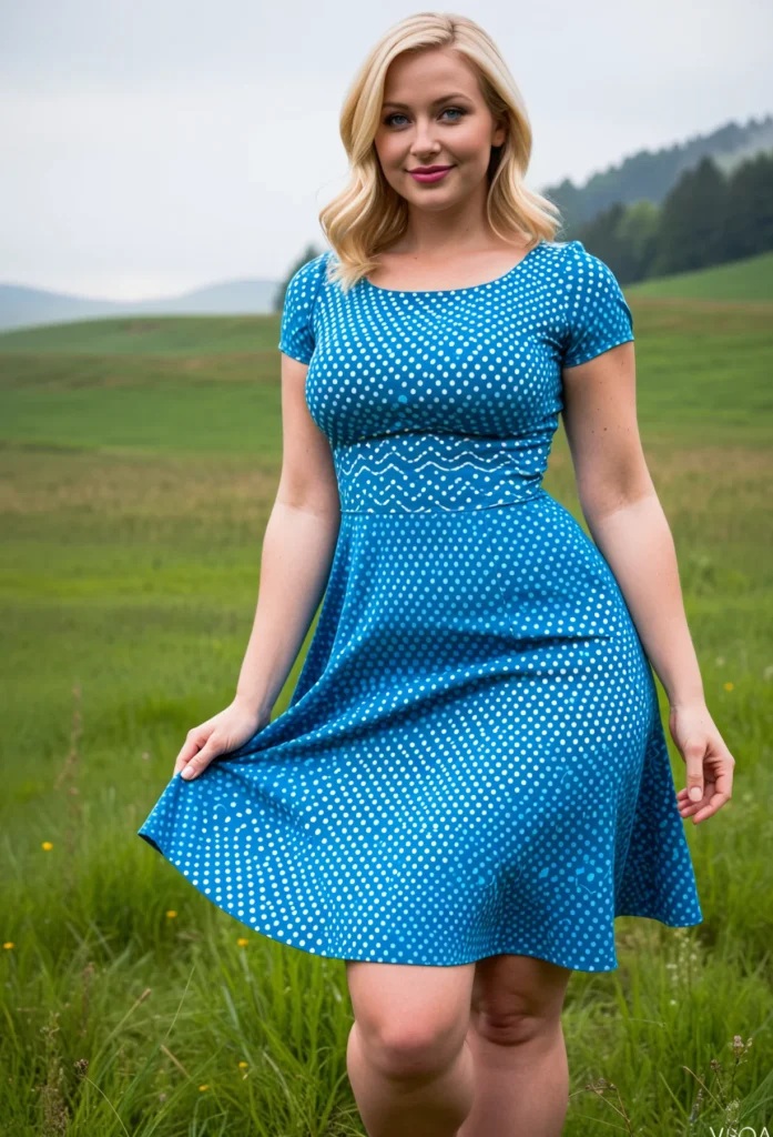 The image shows a woman standing in a field, smiling, wearing a blue dress with white polka dots. The background of the image is filled with lush green grass, tall trees, rolling hills, and a bright blue sky.