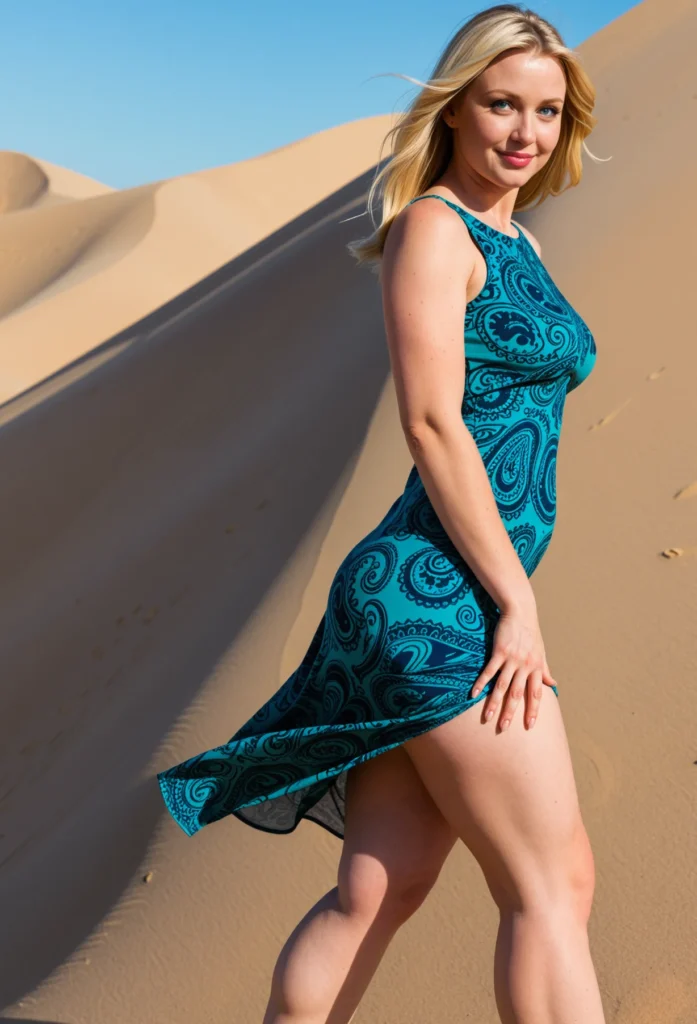The image shows a woman in a blue dress standing on top of a sand dune, with a bright blue sky in the background.