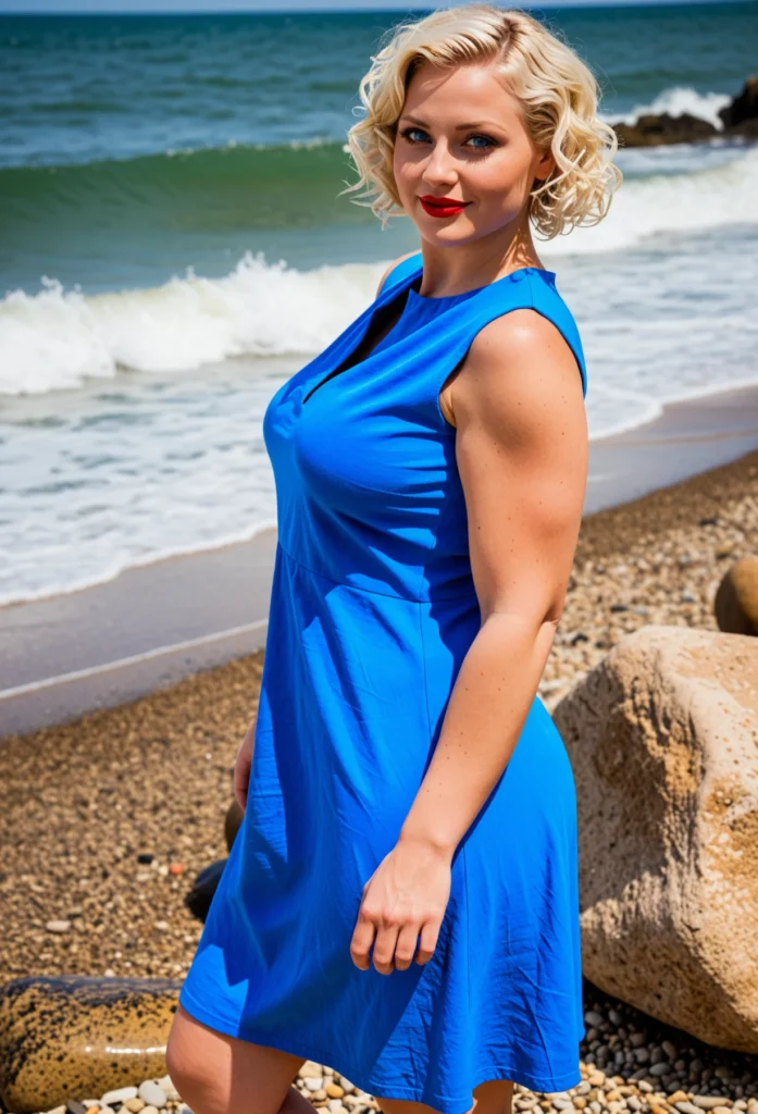 The image shows a woman in a blue dress standing on the beach, surrounded by stones and with the sea and sky in the background.