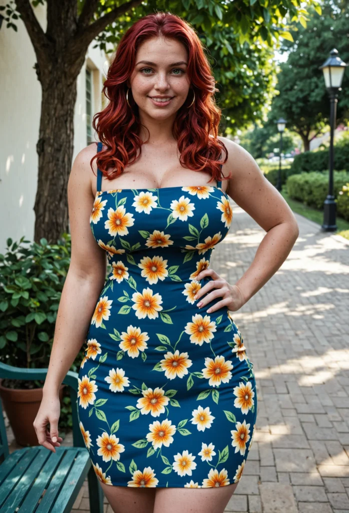 The image shows a woman in a blue and yellow floral dress standing on a sidewalk, smiling. She is surrounded by a bench, a pot with a plant in it, a group of trees, a street pole, some plants, grass, a building with windows, and a cloudy sky.