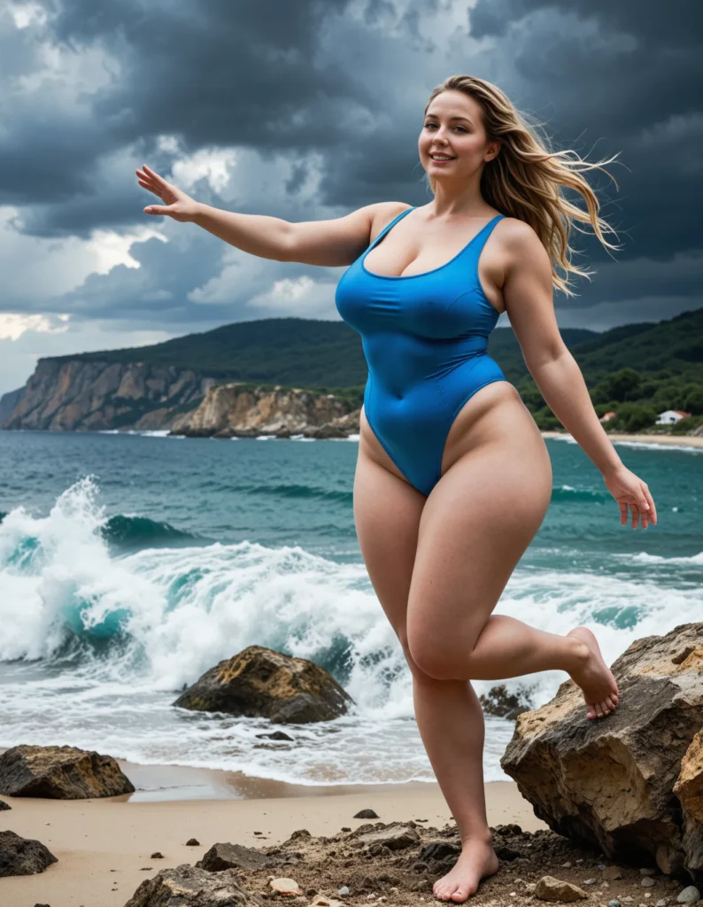 The image shows a woman in a blue swimsuit standing on a rock by the ocean, with a hill and trees in the background and a cloudy sky above.