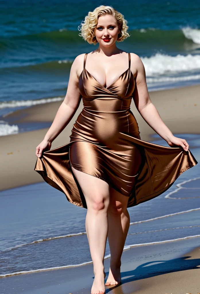 The image shows a woman in a brown dress walking on the beach, with the sea in the background. She is wearing a plus size swimsuit, which is a type of swimwear typically worn by plus size women.