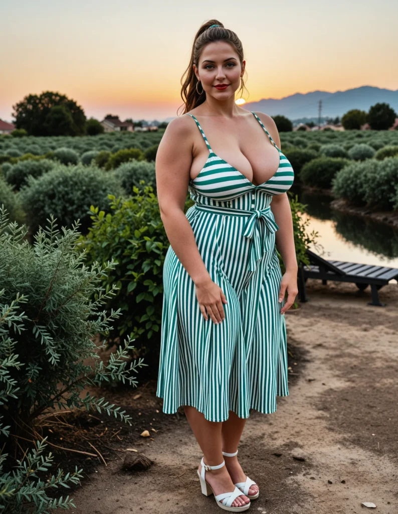 The image shows a woman standing in front of a pond wearing a green and white striped dress. She is surrounded by lush greenery, with trees, plants, and a bench in the background. The sky is a beautiful blue and white, and the mountains in the distance provide a stunning backdrop.