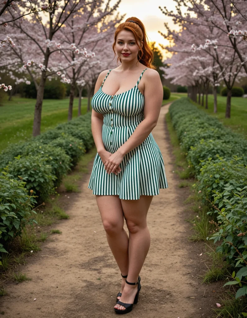 The image shows a woman in a green and white striped dress standing on a path surrounded by plants, grass, a group of trees with flowers, and a cloudy sky.