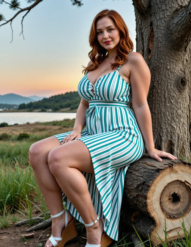 The image shows a woman sitting on top of a tree trunk next to a body of water, surrounded by lush green grass, tall trees, rolling hills, and a bright blue sky. She is wearing a green and white striped dress, and the sun is shining down on her.