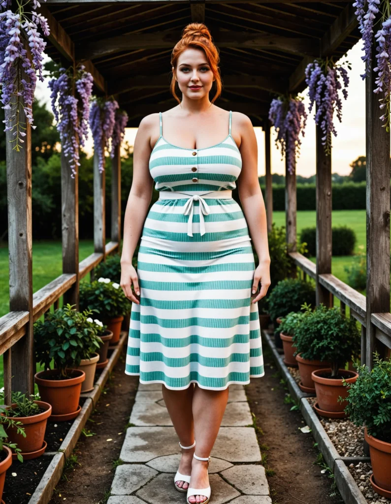 The image shows a woman in a green and white striped dress standing in front of a wisteria archway, surrounded by lush greenery and trees, with a bright blue sky in the background. She is smiling, and there are flower pots on either side of her.