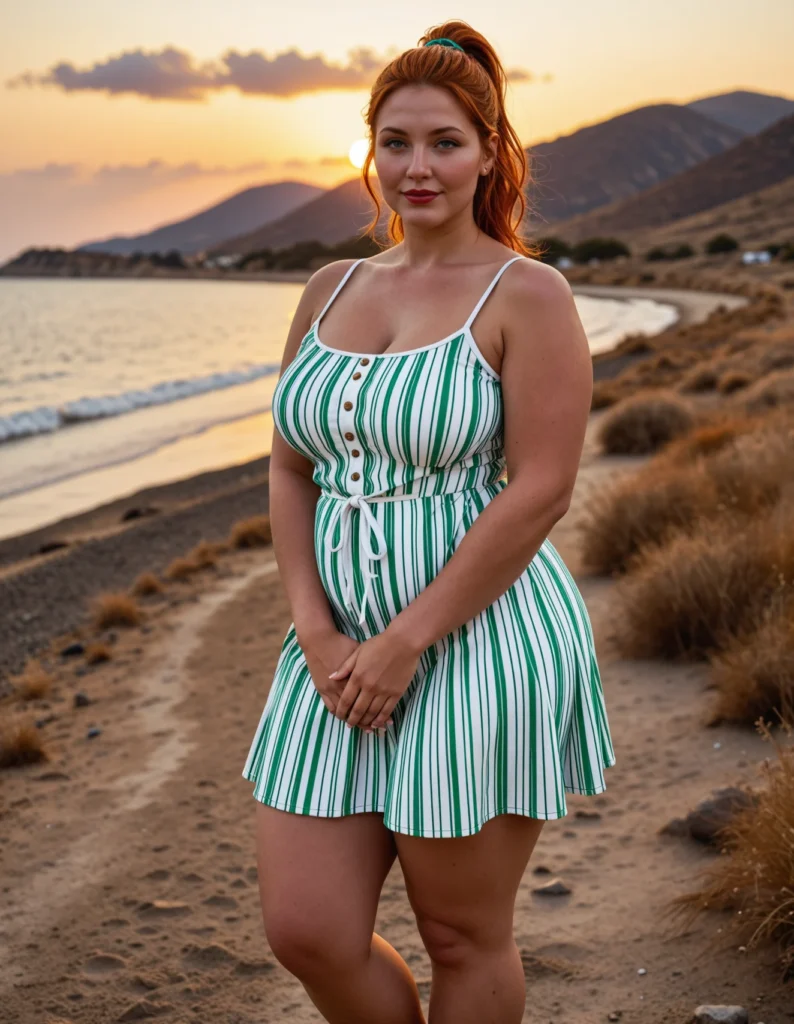 The image shows a woman in a green and white striped dress standing on the beach, surrounded by stones, grass, a large water body, the hills, and a cloudy sky.