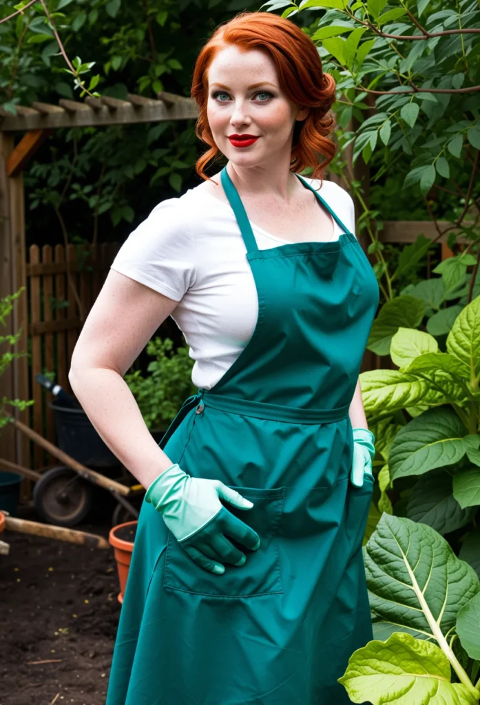 The image shows a woman in a green apron and gloves standing in a garden surrounded by plants, trees, and a wooden fence. She is smiling and there is a trolley in the background.