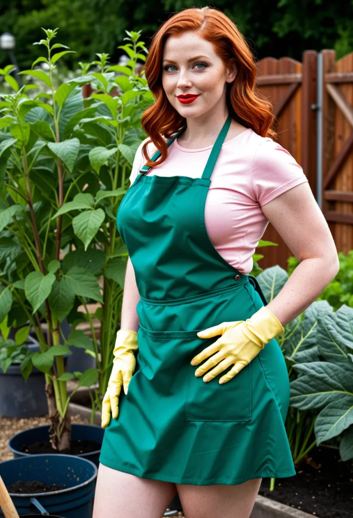 The image shows a woman in a green apron and yellow rubber gloves standing in a garden surrounded by plants in pots, a wooden fence, and trees.
