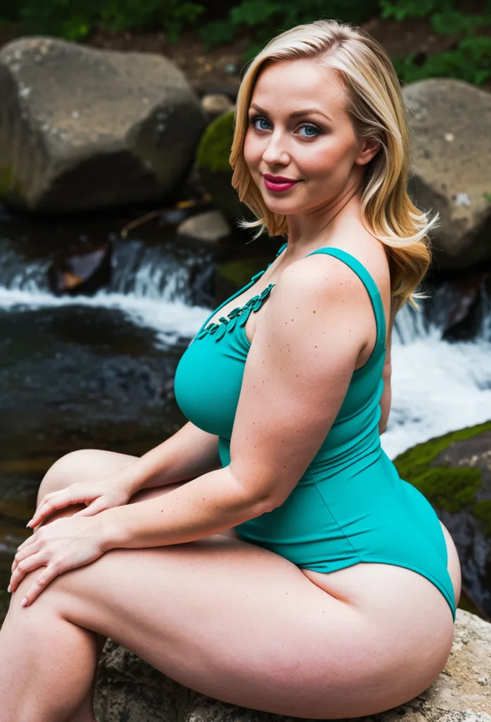 The image shows a woman in a green swimsuit sitting on a rock in front of a cascading waterfall surrounded by lush plants.