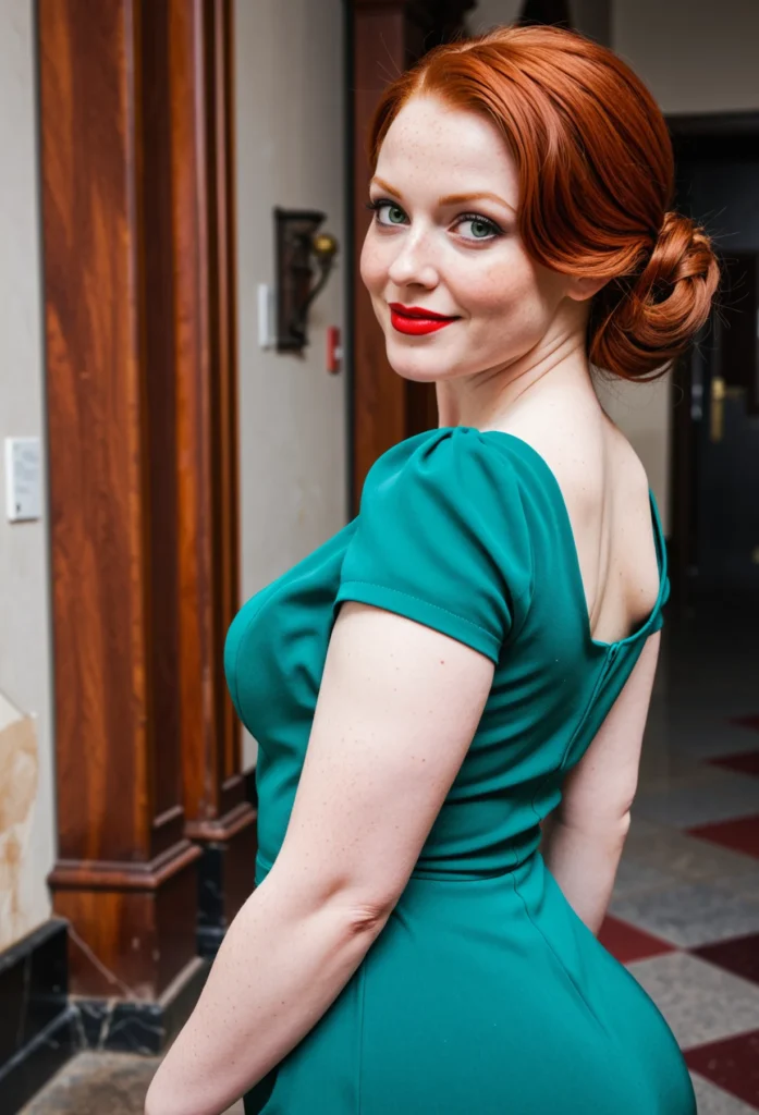 The image shows a woman in a green dress standing in front of a door with a smile on her face. She is wearing a necklace, adding a touch of elegance to her look.