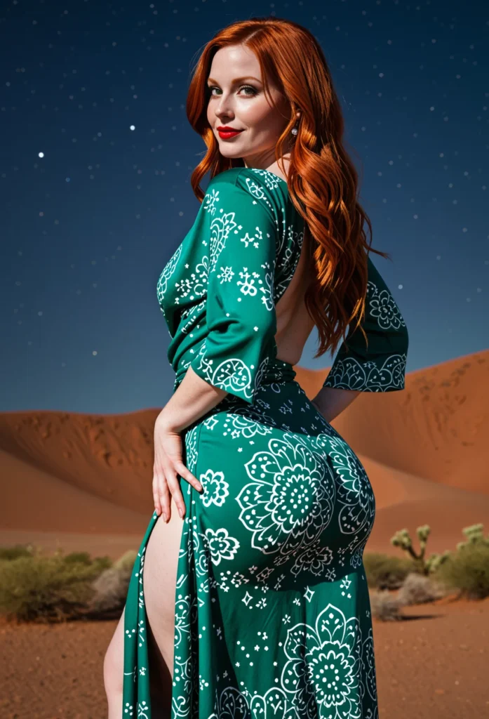The image shows a woman in a green dress standing in the desert, surrounded by sand dunes, plants, and a starry sky.