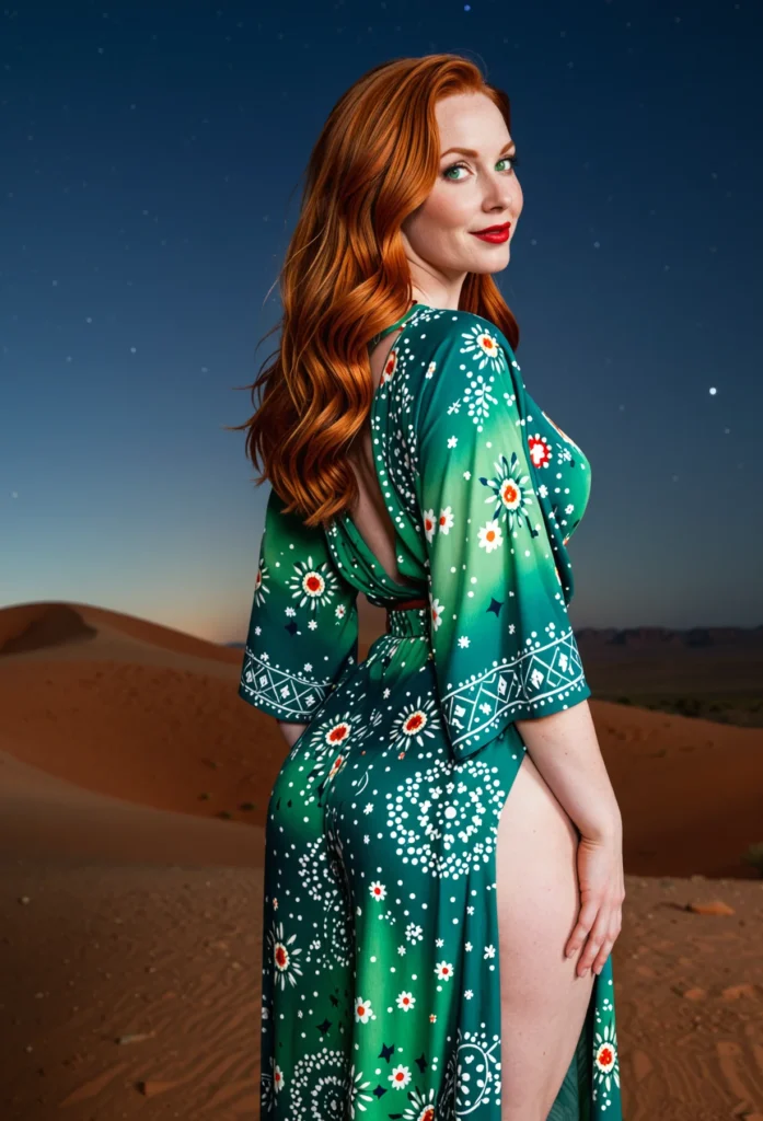The image shows a woman in a green dress standing in the desert, with sand beneath her feet and a starry sky in the background.