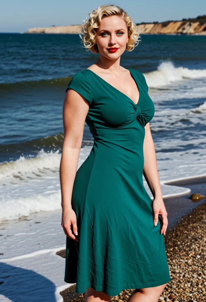The image shows a woman standing on the beach, wearing a green dress. The beach is lined with stones and the backdrop is a large body of water, a hill, and a cloudy sky.