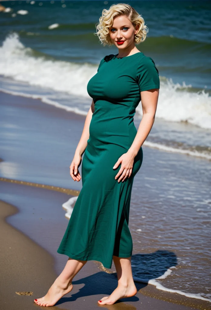The image shows a woman in a green dress standing on the beach, with the sea in the background. She is posing for a picture, her dress billowing around her as she walks along the shoreline.