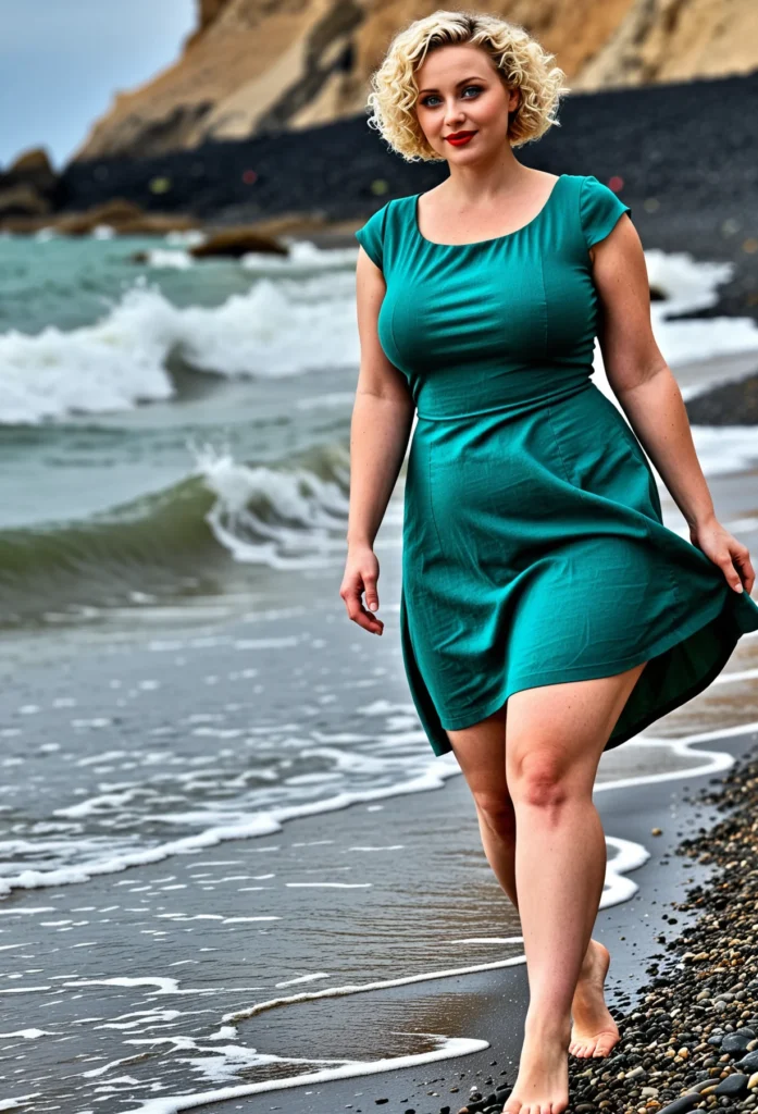 The image shows a woman in a green dress walking on the beach, with the sea in the background, a hill in the distance, and a clear blue sky above.