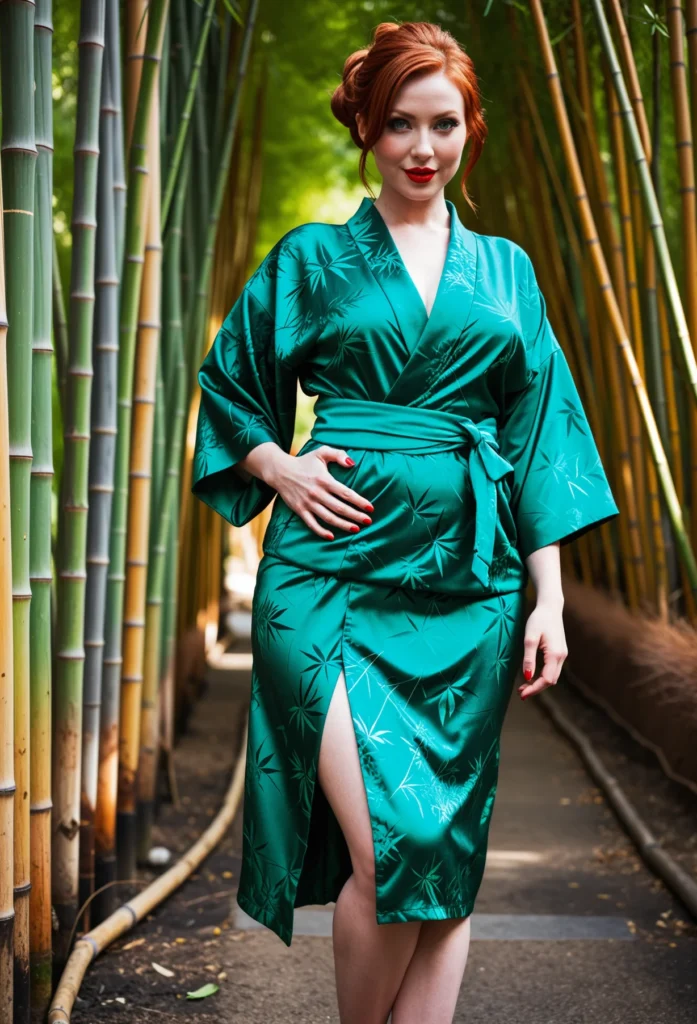 The image shows a woman in a green kimono standing in front of a bamboo forest, with trees in the background.