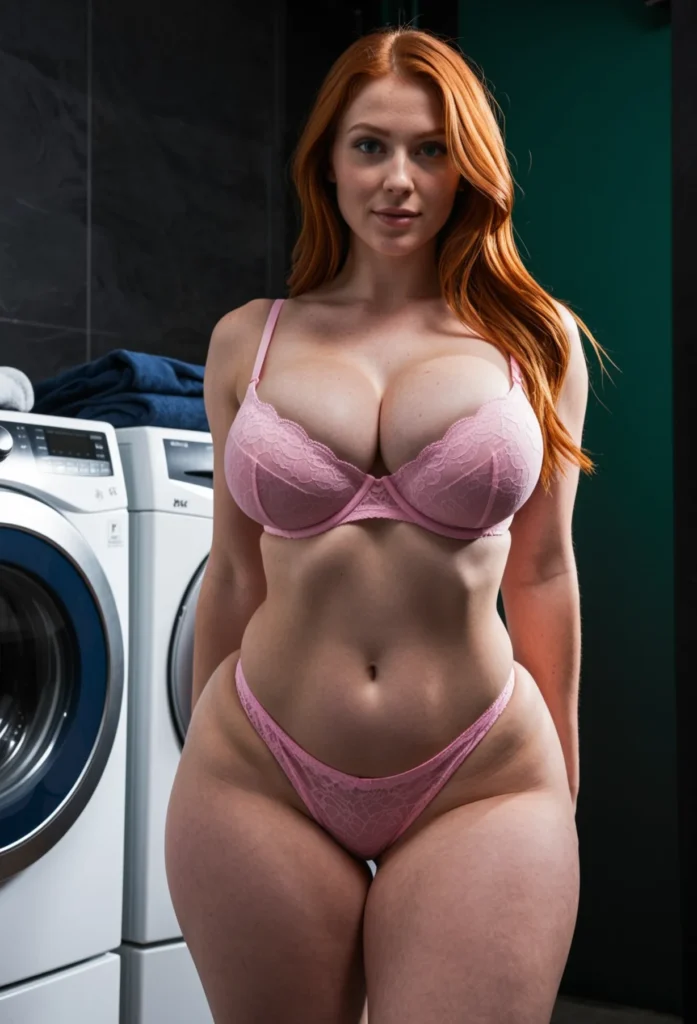 The image shows a woman in a pink bra and panties standing in front of a washing machine, with clothes on top of it and a wall in the background.