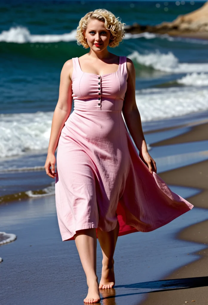 The image shows a woman in a pink dress walking on the beach, with the sea and sky in the background.