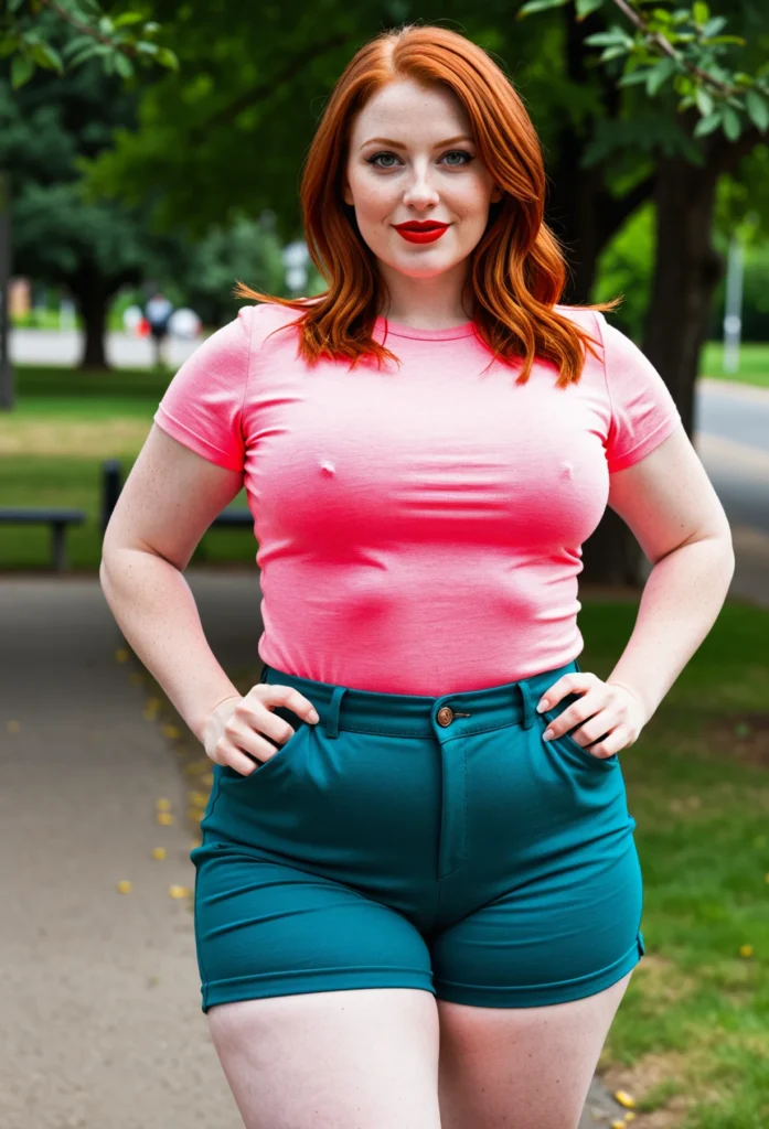 The image shows a woman standing on the ground with a bright smile on her face, wearing a pink top and green shorts. In the background, there is a bench, grass, a road, and a number of trees.