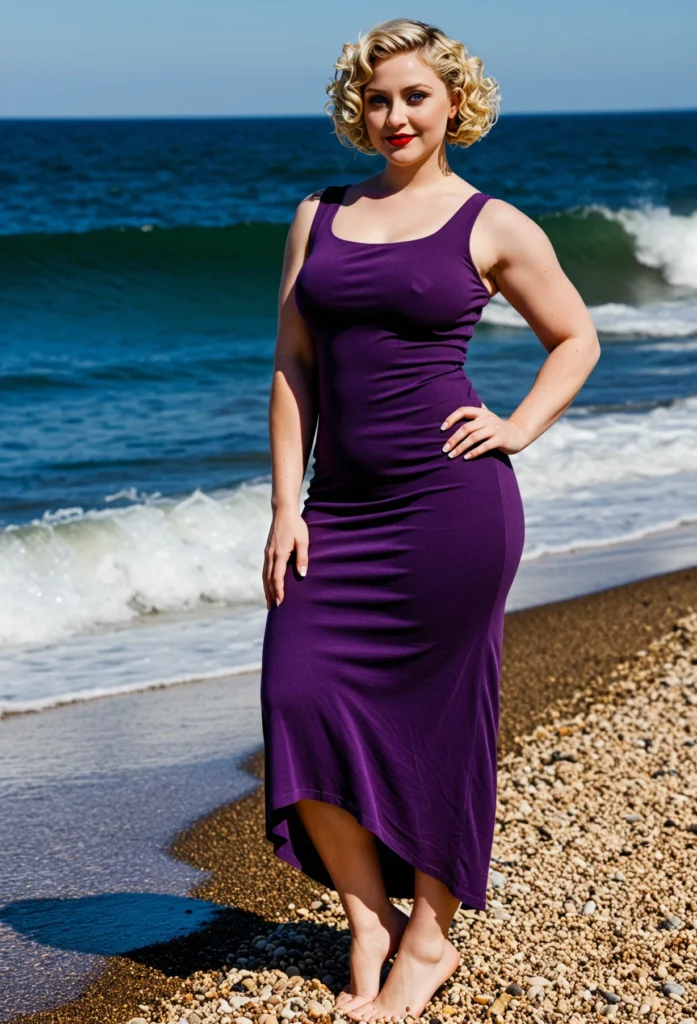 The image shows a woman in a purple dress standing on the beach, with the sea and sky in the background.