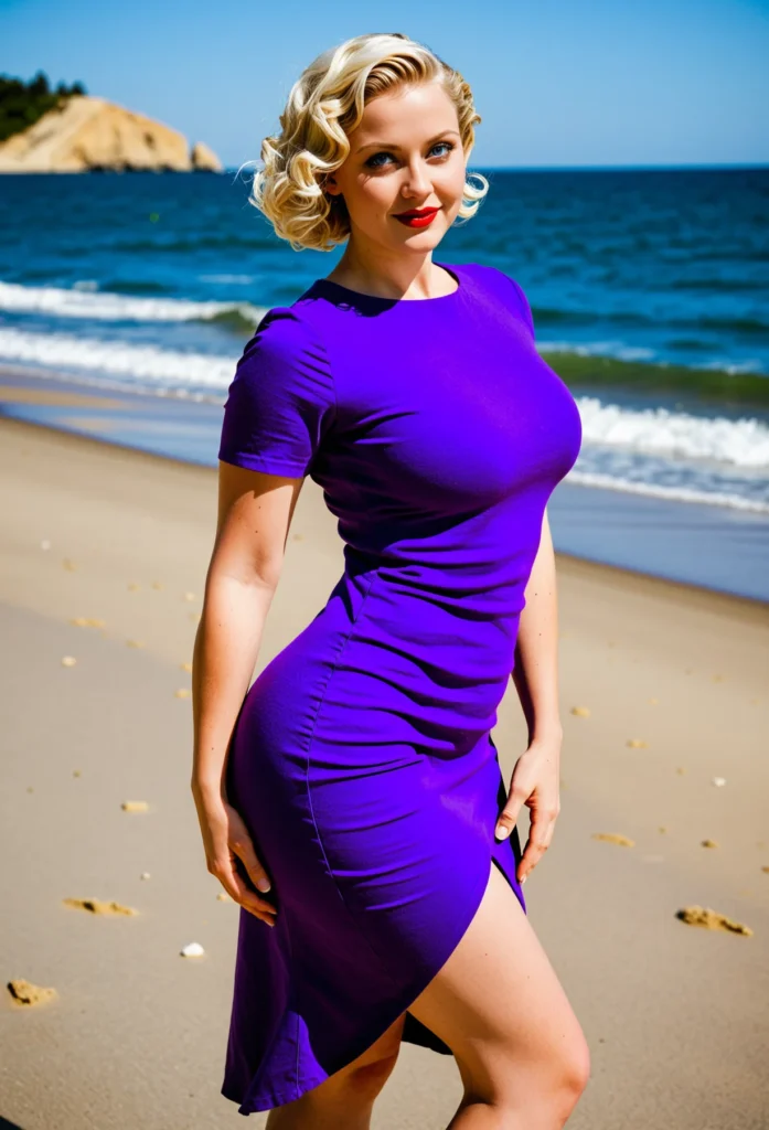 The image shows a woman in a purple dress standing on the beach, with the sea, trees, and sky in the background.