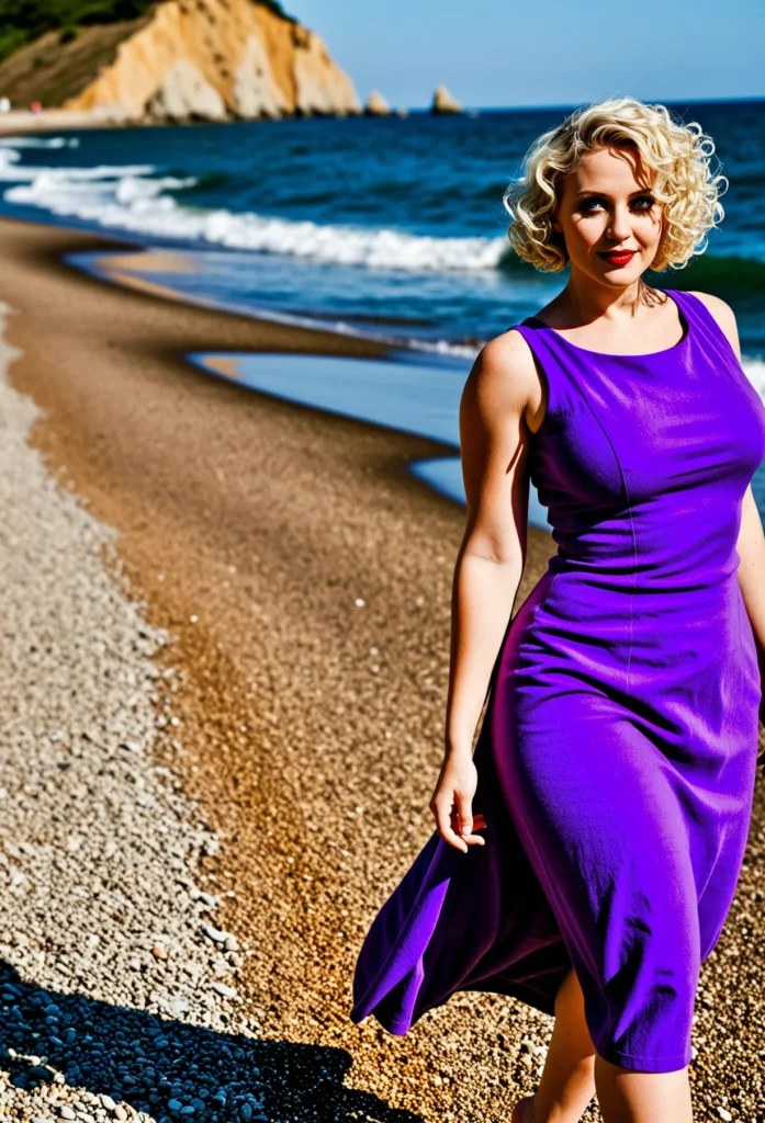 The image shows a woman in a purple dress walking on the beach, with the sea in the background, a hill in the distance, and a clear blue sky above.