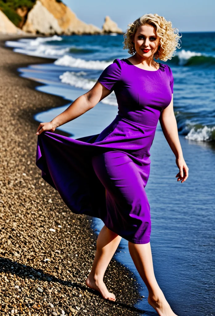 The image shows a woman in a purple dress walking on the beach, with the sea in the background, a hill in the distance, and a clear blue sky above.