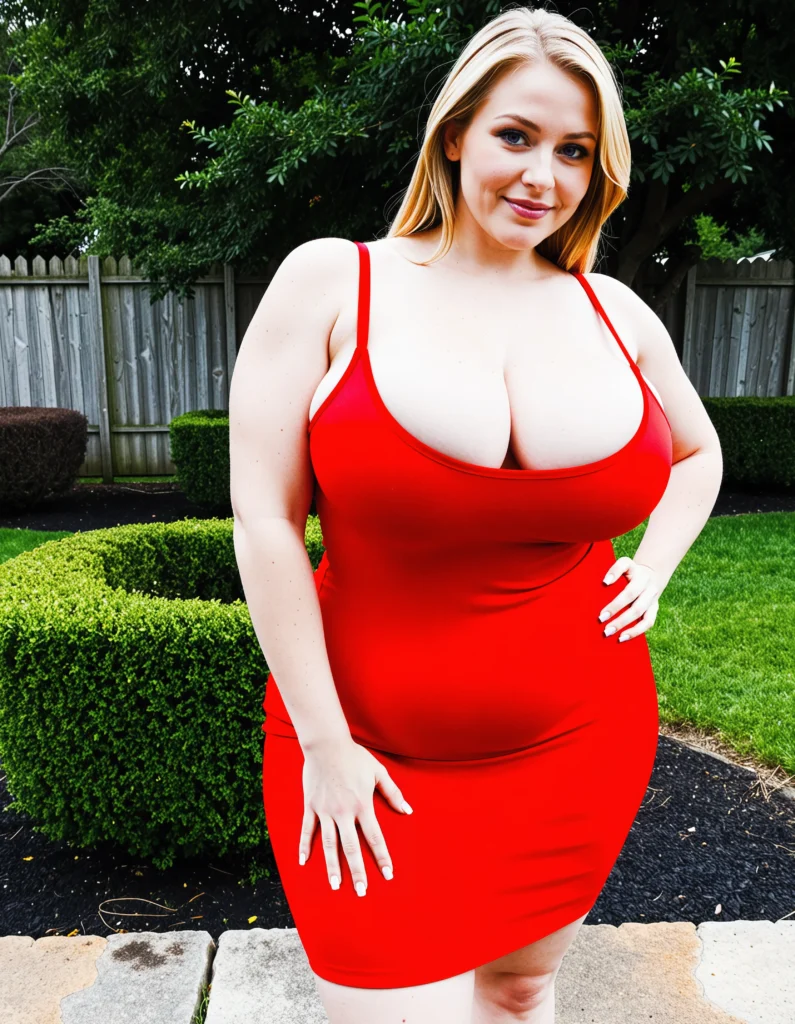 In this picture I can see a woman standing and smiling, there are plants, grass, and in the background there are trees and there is a fence.