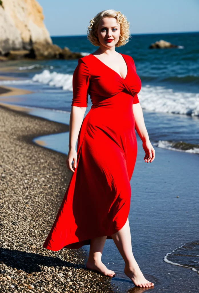The image shows a woman in a red dress walking on the beach, with the sea, rocks, and sky in the background.