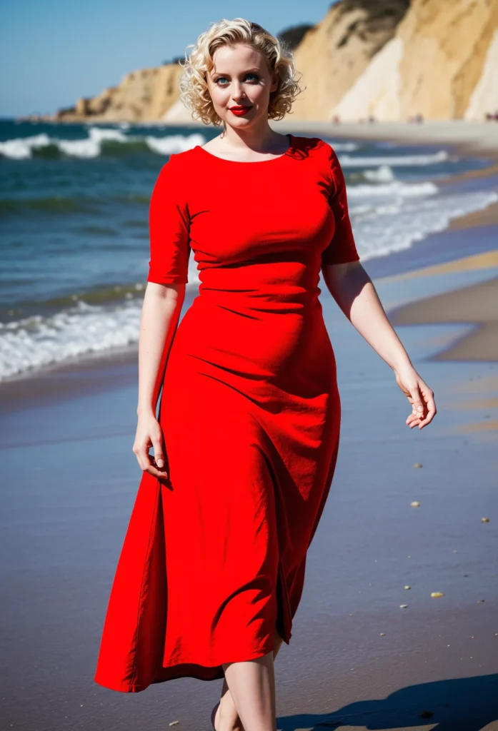 The image shows a woman in a red dress walking on the beach, with the sea, hills, and sky in the background.