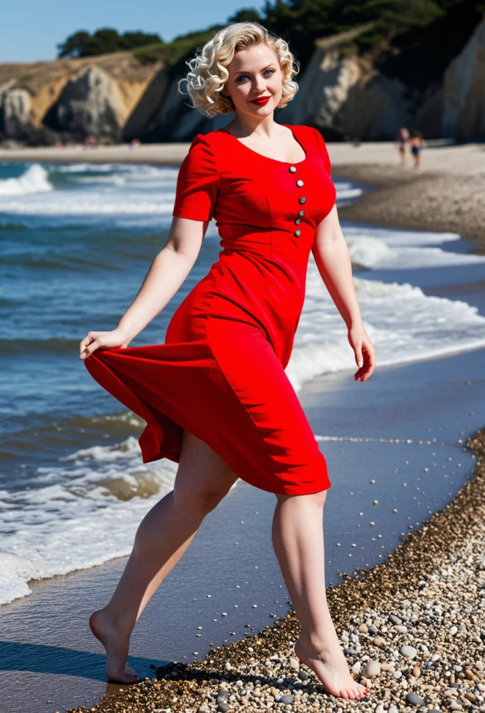 The image shows a woman in a red dress walking on the beach, with the sea in the background, people walking along the shoreline, hills and trees in the distance, and a clear blue sky above.