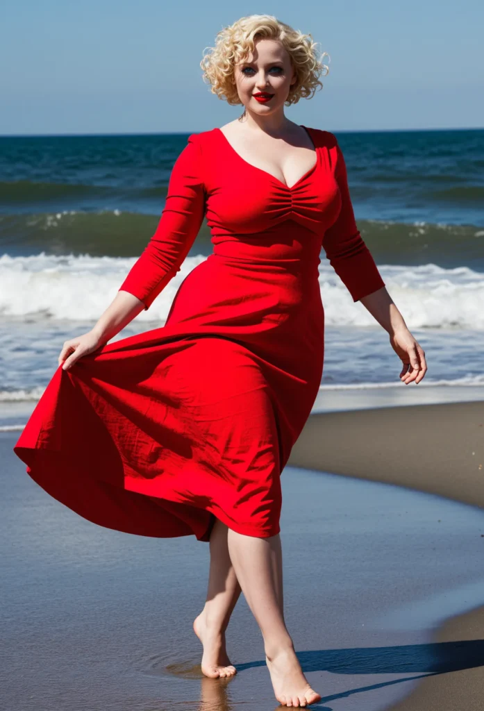The image shows a woman in a red dress standing on the beach, with the sea and sky in the background.