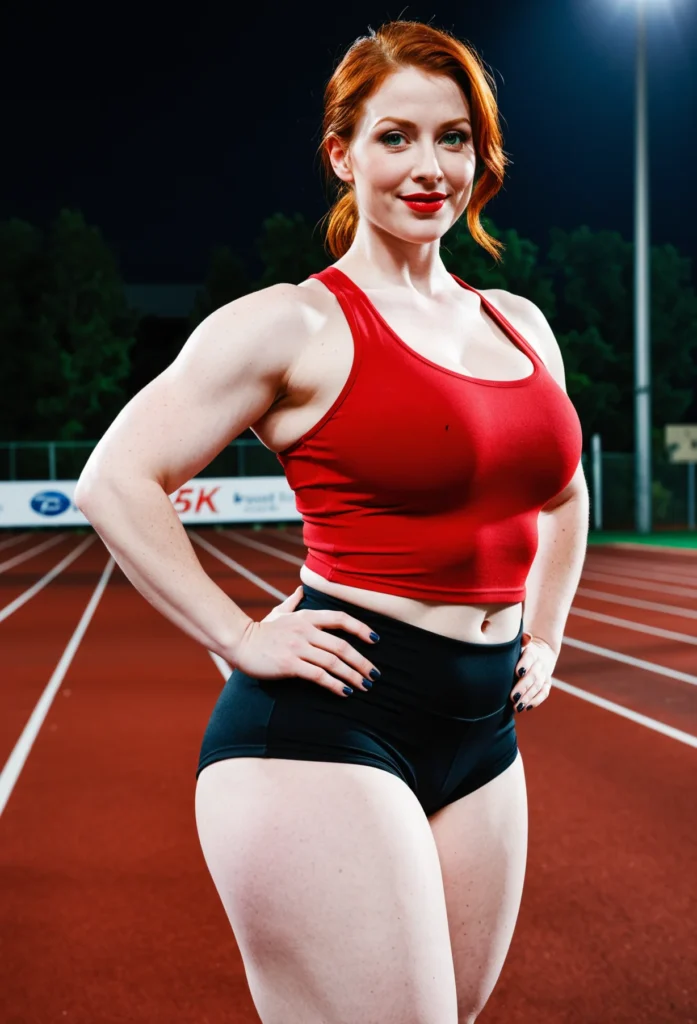 The image shows a woman in a red top and black shorts standing on a track, smiling. In the background, there are boards, a light pole, trees, and a dark sky.