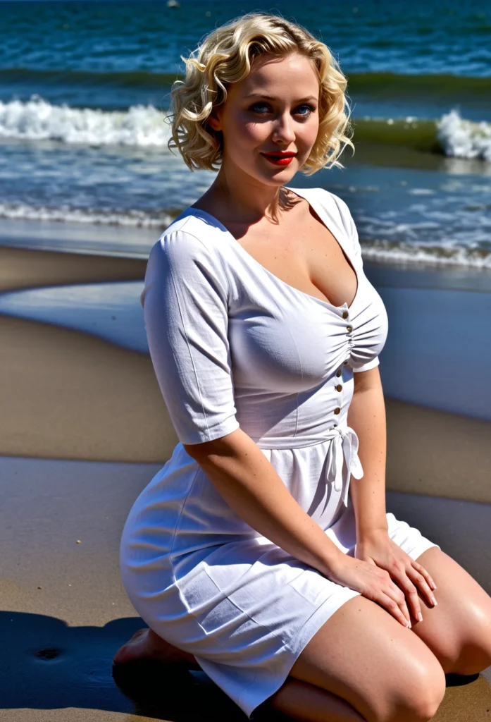 The image shows a woman in a white dress sitting on the beach, with the sea and sky in the background.
