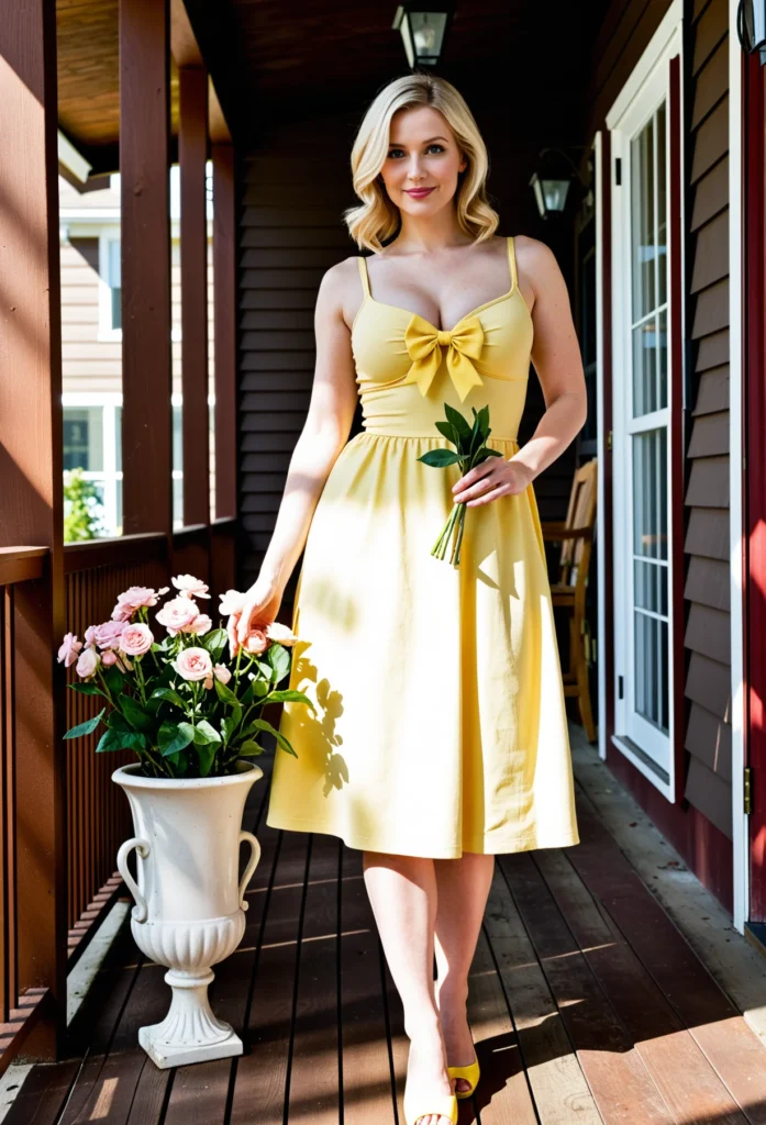 The image shows a woman in a yellow dress standing on a porch, holding a bouquet of flowers in her hand. She is surrounded by a flower pot with a plant in it, a chair, a lamp, a door, a window, a roof with ceiling lights, and a building in the background.