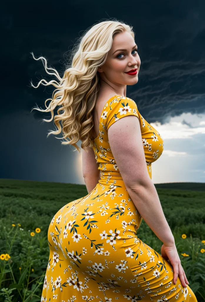 The image shows a woman in a bright yellow dress standing in a field of yellow flowers, with a cloudy sky in the background.