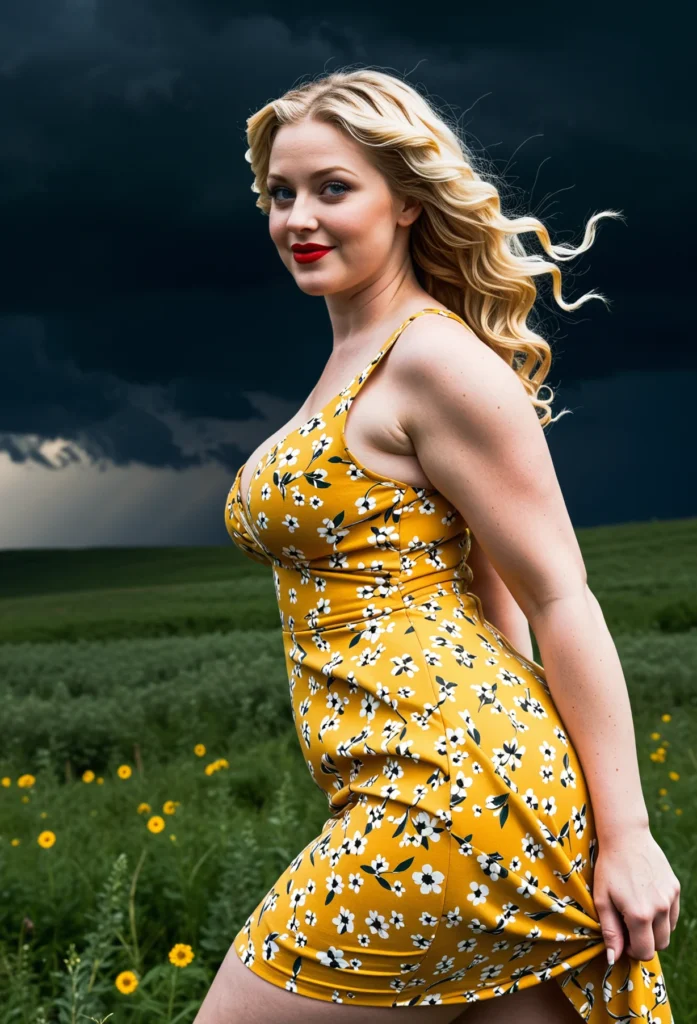 The image shows a woman in a yellow dress standing in a field of yellow flowers, with a cloudy sky in the background.