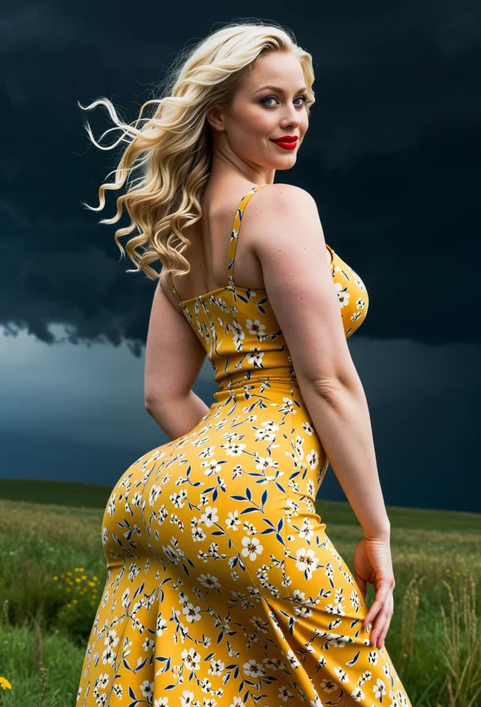 The image shows a woman in a yellow floral dress standing in a field of plants and flowers, with a cloudy sky in the background.
